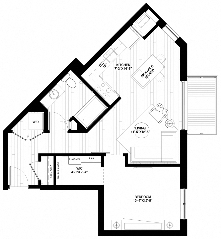Floor plan for 1 bed, 1 bath, 708 sqft